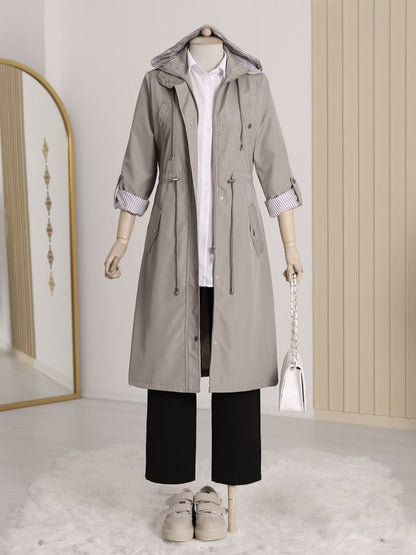 Astarı Çizgili Trençkot  -Gri
