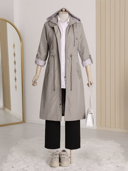 Astarı Çizgili Trençkot  -Gri