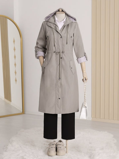 Astarı Çizgili Trençkot  -Gri