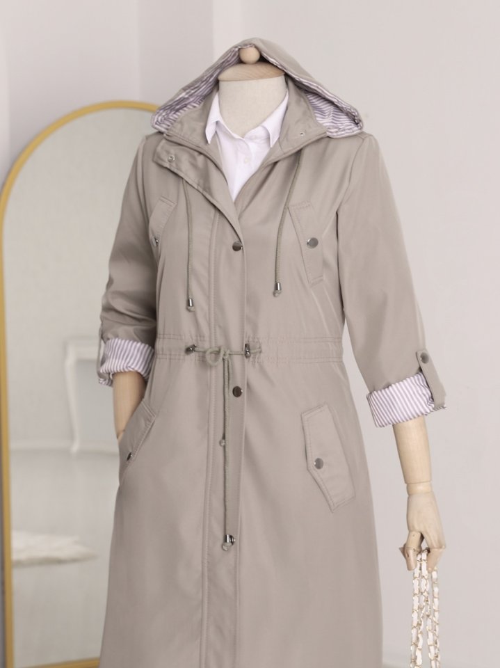 Astarı Çizgili Trençkot  -Gri