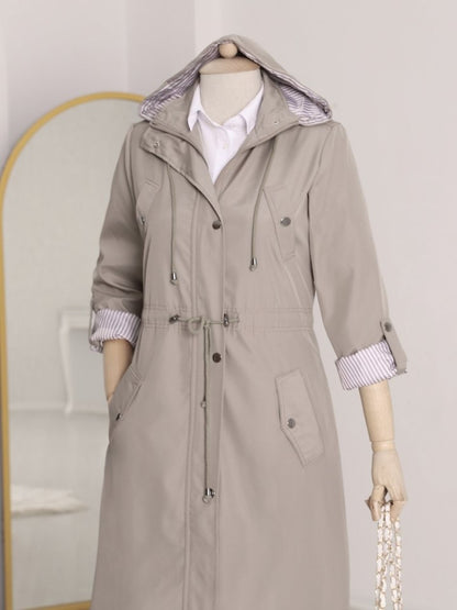 Astarı Çizgili Trençkot  -Gri