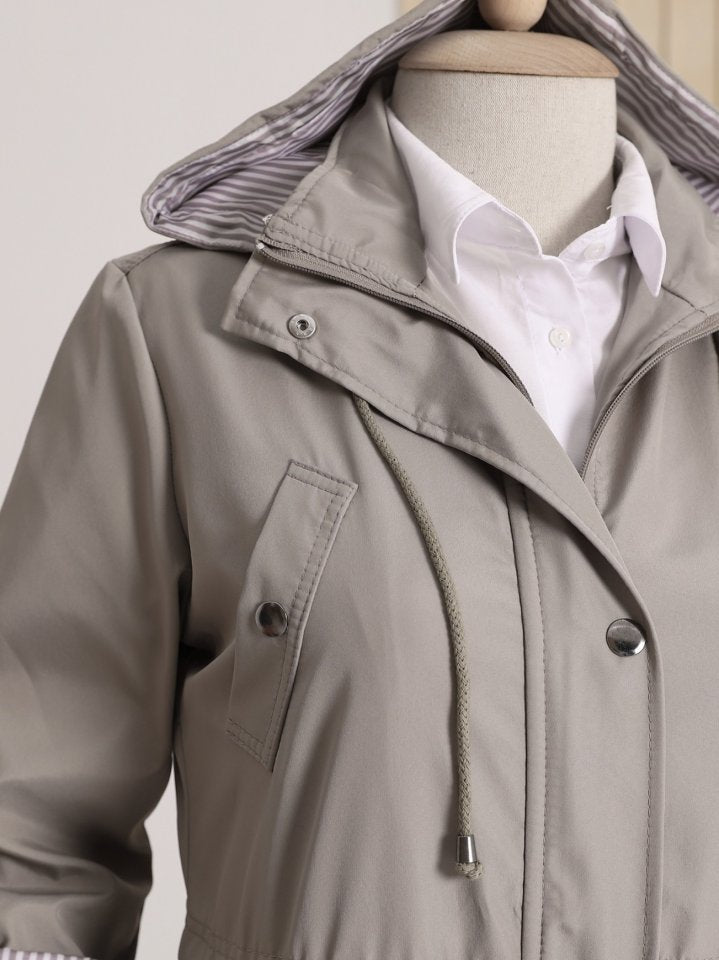 Astarı Çizgili Trençkot  -Gri