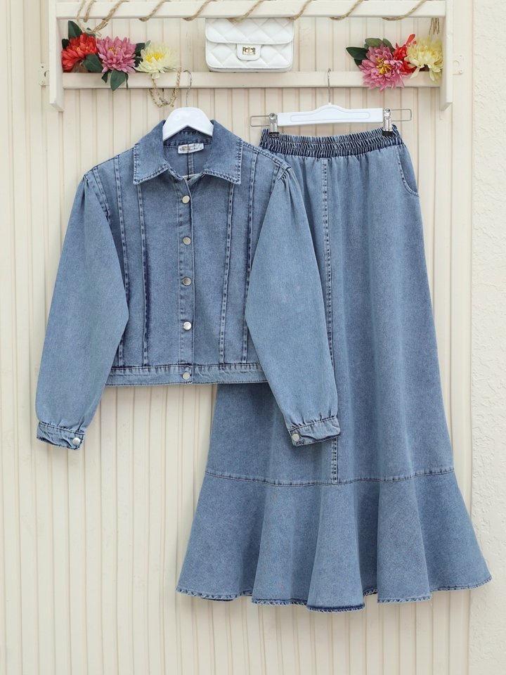 Etek Ucu Volanlı Düğmeli Ceketli Kot Takım -Buz Mavi