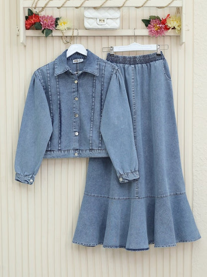 Etek Ucu Volanlı Düğmeli Ceketli Kot Takım -Buz Mavi