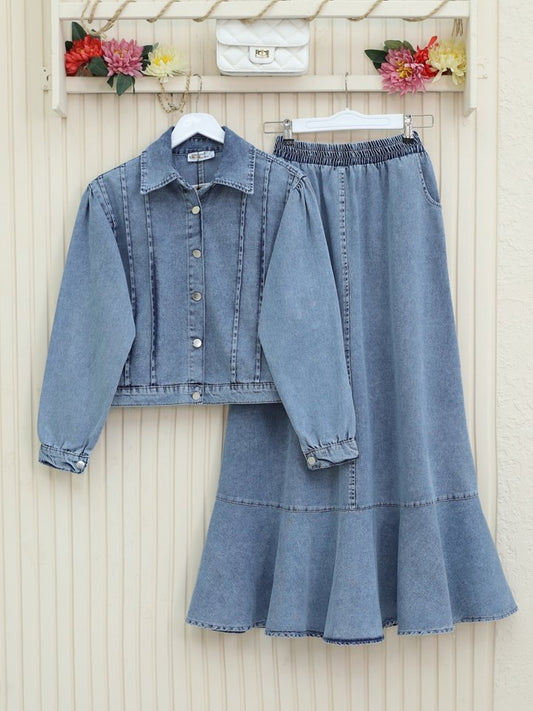 Etek Ucu Volanlı Düğmeli Ceketli Kot Takım -Buz Mavi