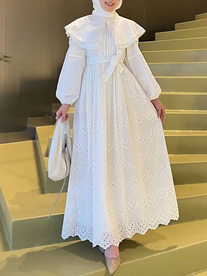 Pelerin Yaka Dantel Detaylı Elbise  -Beyaz