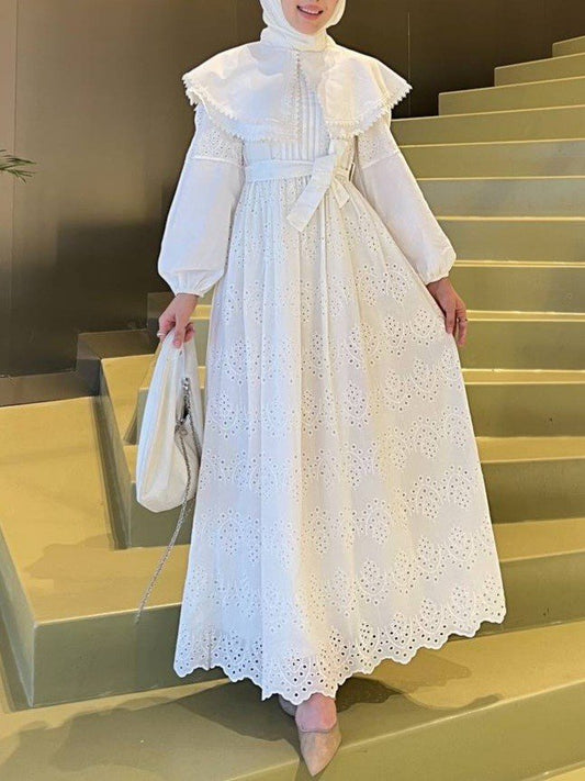 Pelerin Yaka Dantel Detaylı Elbise  -Beyaz