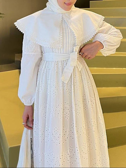 Pelerin Yaka Dantel Detaylı Elbise  -Beyaz