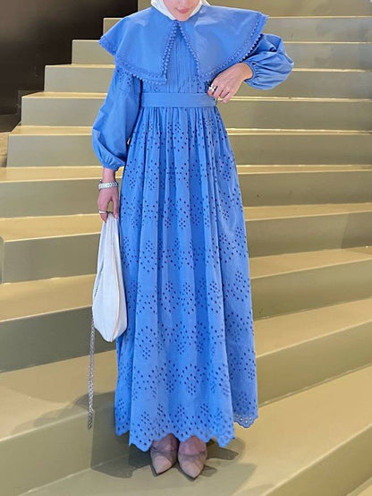 Pelerin Yaka Dantel Detaylı Elbise  -Mavi