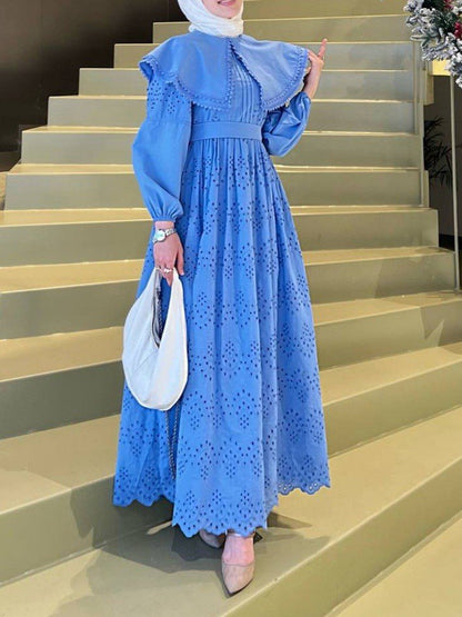 Pelerin Yaka Dantel Detaylı Elbise  -Mavi