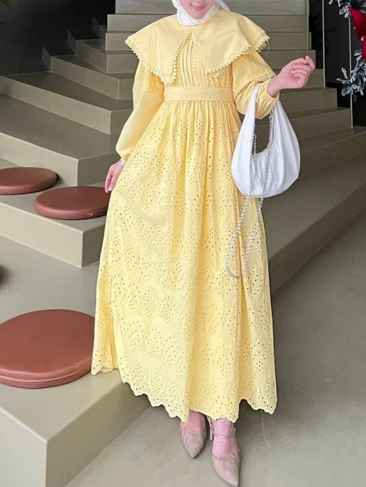Pelerin Yaka Dantel Detaylı Elbise  -Sarı