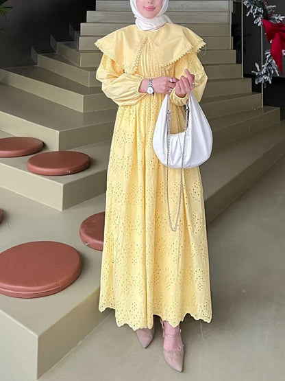 Pelerin Yaka Dantel Detaylı Elbise  -Sarı