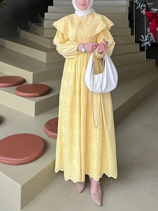 Pelerin Yaka Dantel Detaylı Elbise  -Sarı