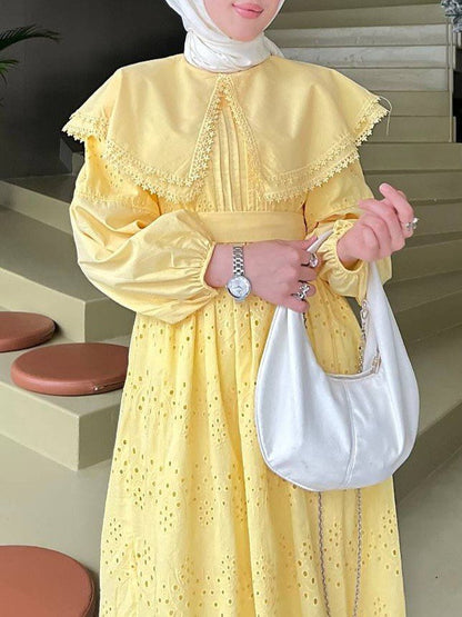 Pelerin Yaka Dantel Detaylı Elbise  -Sarı