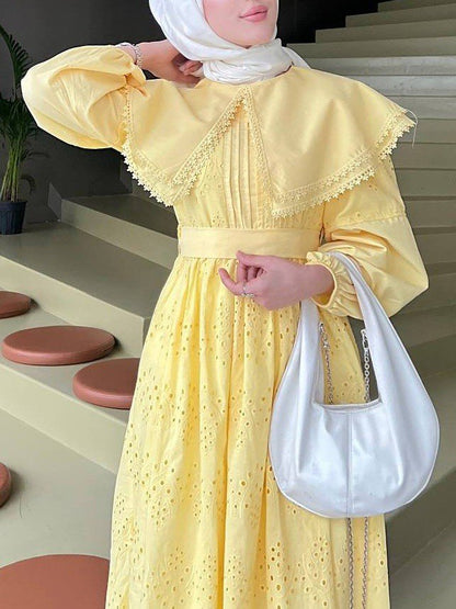 Pelerin Yaka Dantel Detaylı Elbise  -Sarı