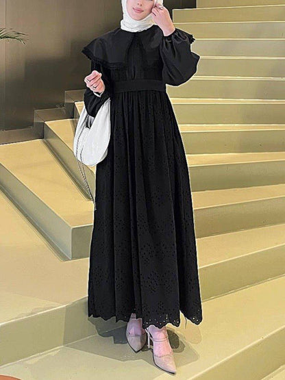 Pelerin Yaka Dantel Detaylı Elbise  -Siyah