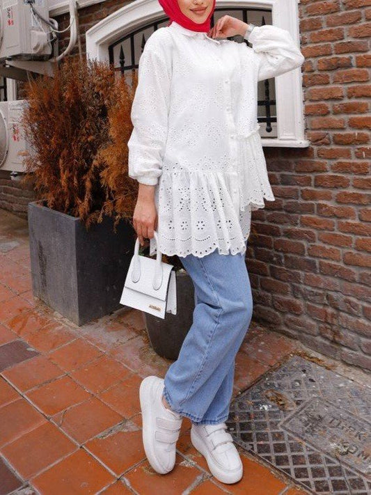 Fırfır Ve Fisto Detaylı İnci Düğmeli Gömlek -Beyaz