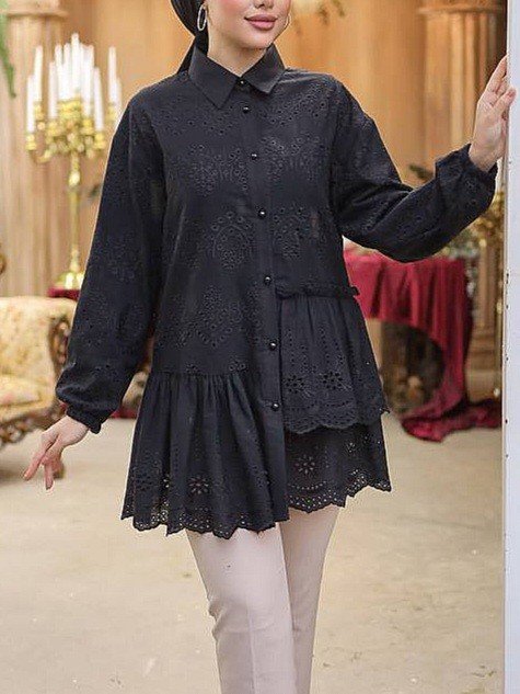 Fırfır Ve Fisto Detaylı İnci Düğmeli Gömlek -Siyah