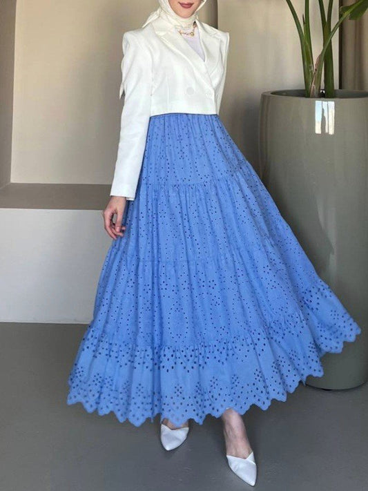 Fisto İşlemeli Katlamalı Etek -Mavi