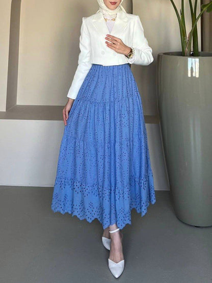 Fisto İşlemeli Katlamalı Etek -Mavi