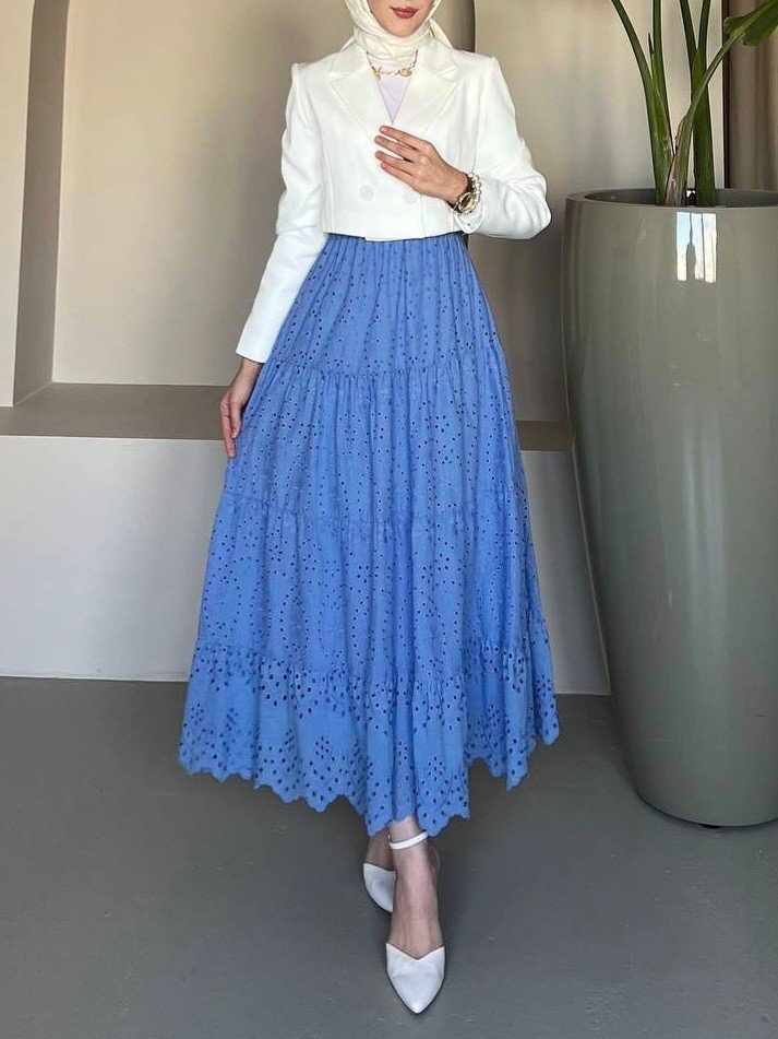 Fisto İşlemeli Katlamalı Etek -Mavi