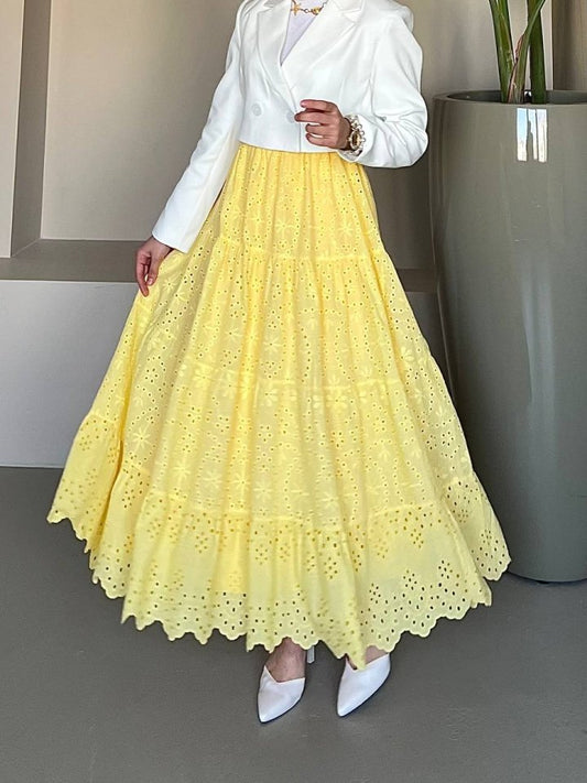 Fisto İşlemeli Katlamalı Etek -Sarı