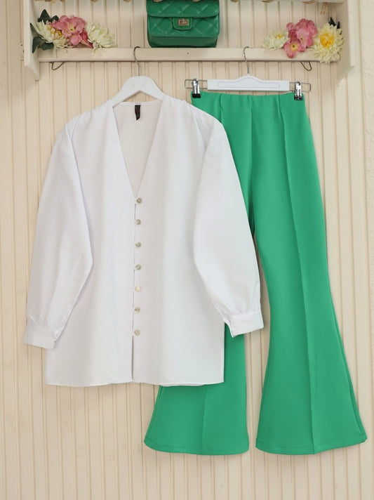 İspanyol Paça Beli Lastikli Likralı Pantolon -A.Yeşil