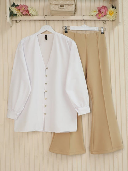 İspanyol Paça Beli Lastikli Likralı Pantolon -Bej