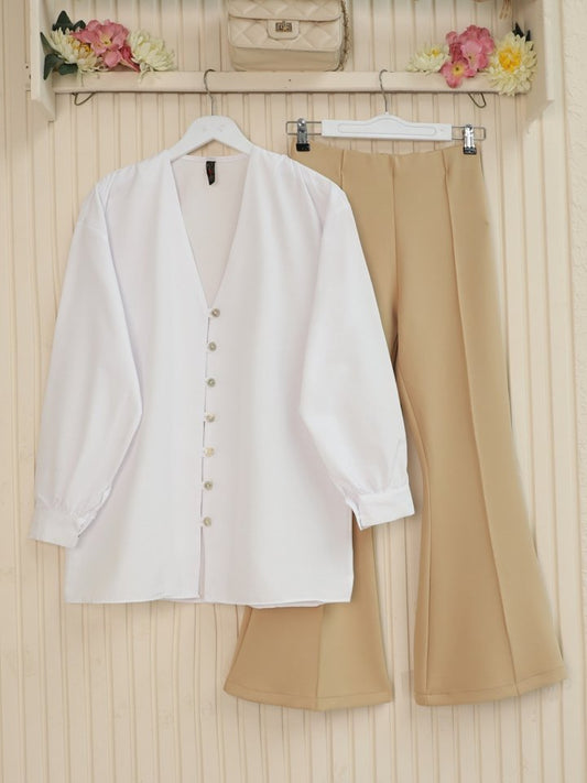 İspanyol Paça Beli Lastikli Likralı Pantolon -Bej