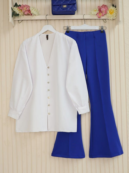 İspanyol Paça Beli Lastikli Likralı Pantolon -Saks