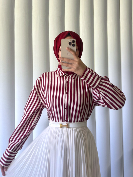 Çizgili Oversize Düğmeli Gömlek -Bordo