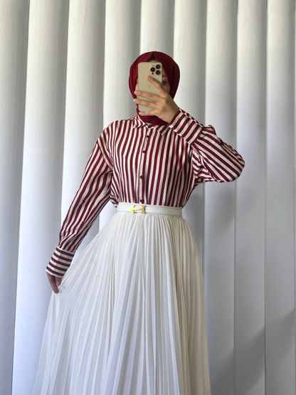 Çizgili Oversize Düğmeli Gömlek -Bordo