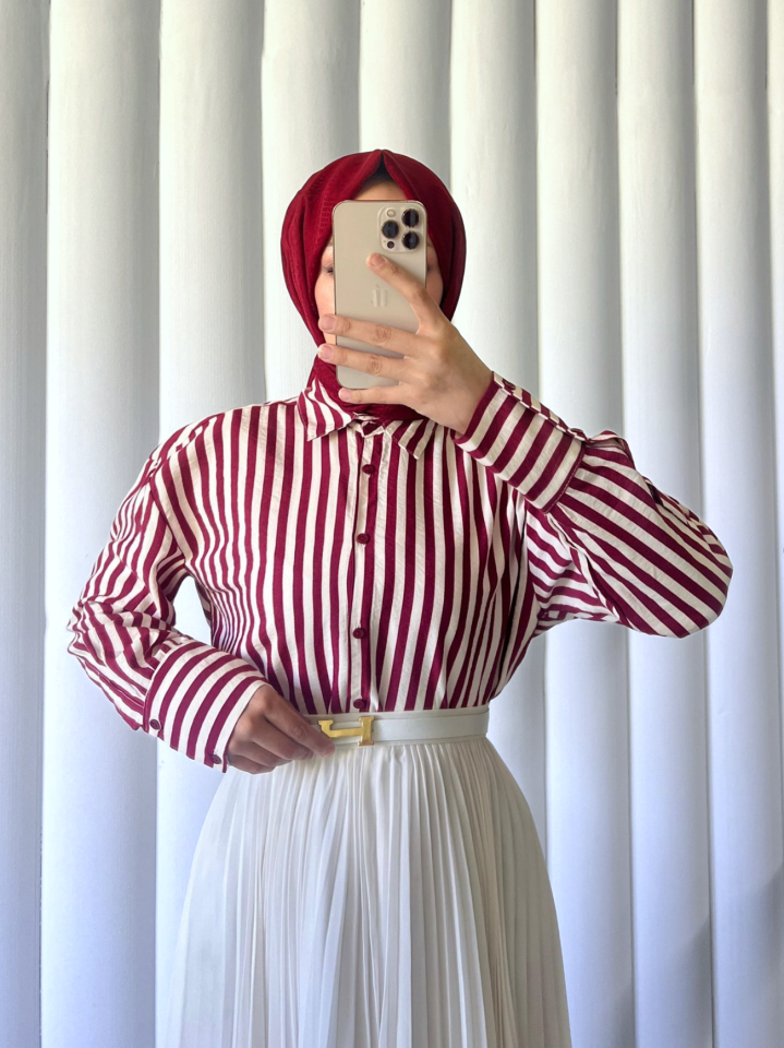 Çizgili Oversize Düğmeli Gömlek -Bordo