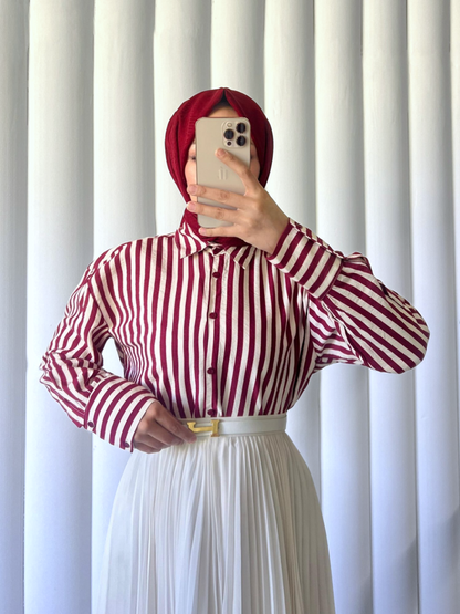 Çizgili Oversize Düğmeli Gömlek -Bordo