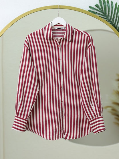 Çizgili Oversize Düğmeli Gömlek -Bordo