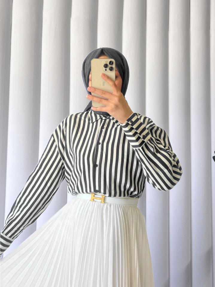 Çizgili Oversize Düğmeli Gömlek -Siyah