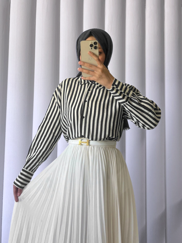 Çizgili Oversize Düğmeli Gömlek -Siyah