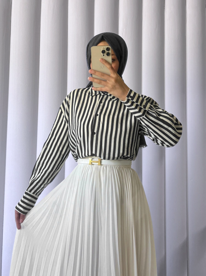 Çizgili Oversize Düğmeli Gömlek -Siyah