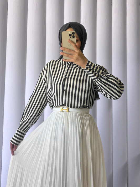 Çizgili Oversize Düğmeli Gömlek -Siyah