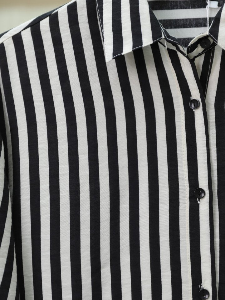 Çizgili Oversize Düğmeli Gömlek -Siyah