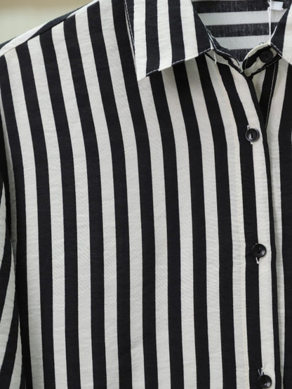 Çizgili Oversize Düğmeli Gömlek -Siyah