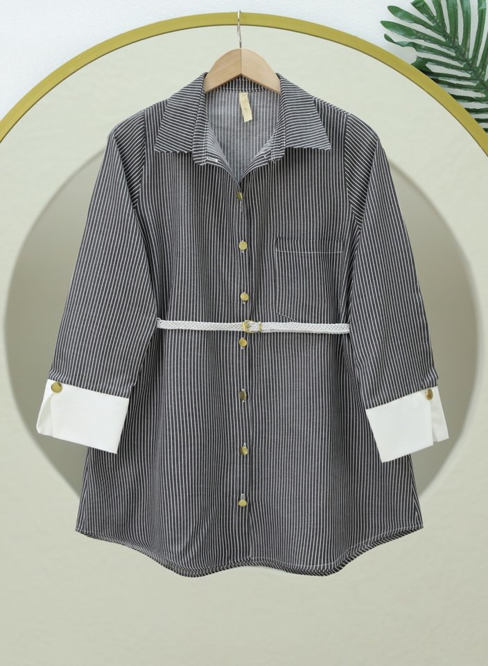 Çizgili Beli Bağcıklı Düğmeli Gömlek -Siyah