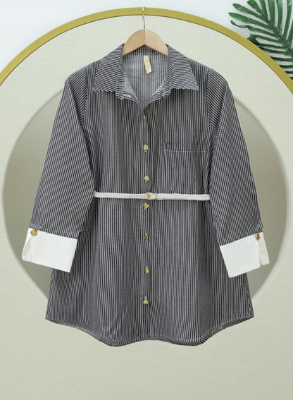 Çizgili Beli Bağcıklı Düğmeli Gömlek -Siyah