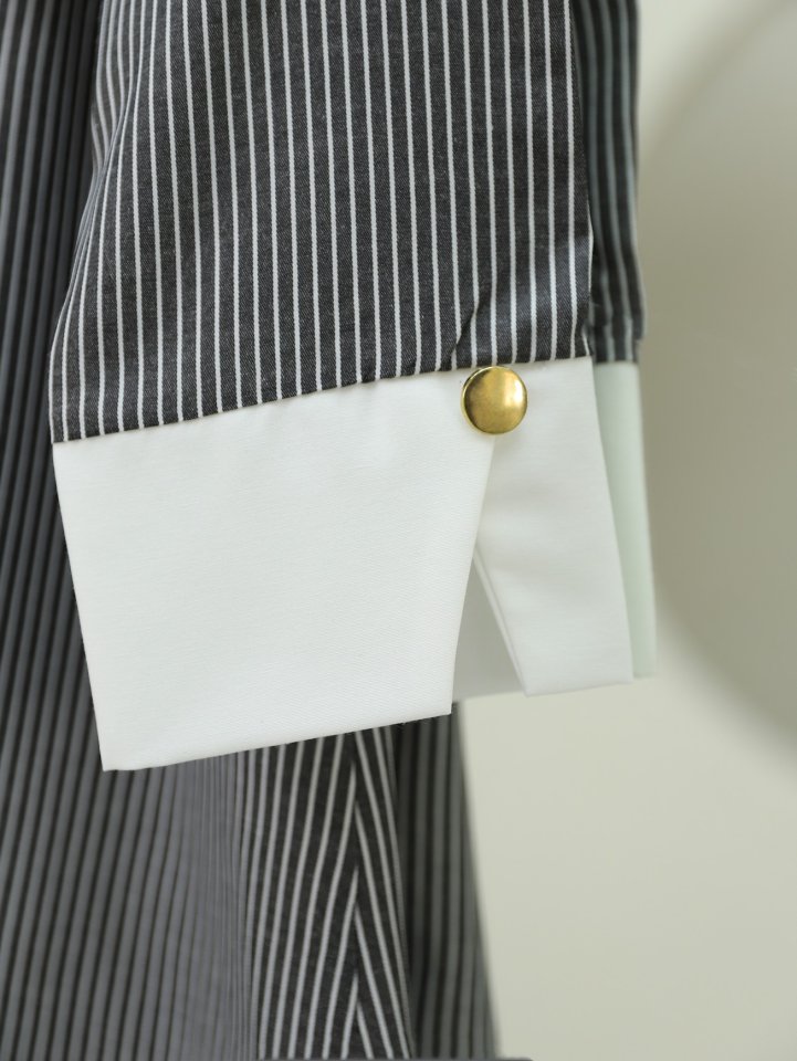 Çizgili Beli Bağcıklı Düğmeli Gömlek -Siyah