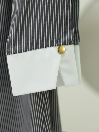 Çizgili Beli Bağcıklı Düğmeli Gömlek -Siyah