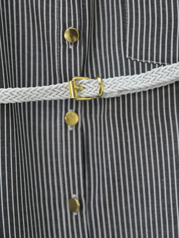 Çizgili Beli Bağcıklı Düğmeli Gömlek -Siyah