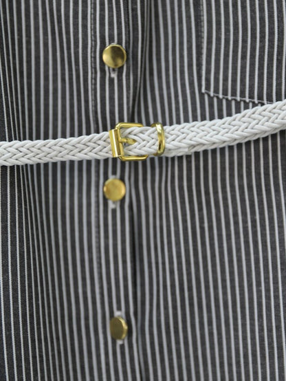 Çizgili Beli Bağcıklı Düğmeli Gömlek -Siyah