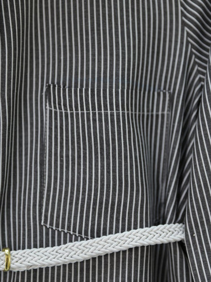 Çizgili Beli Bağcıklı Düğmeli Gömlek -Siyah