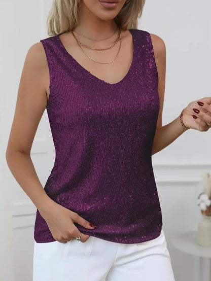 Pul Payetli Sıfır Kol Bluz -Mürdüm