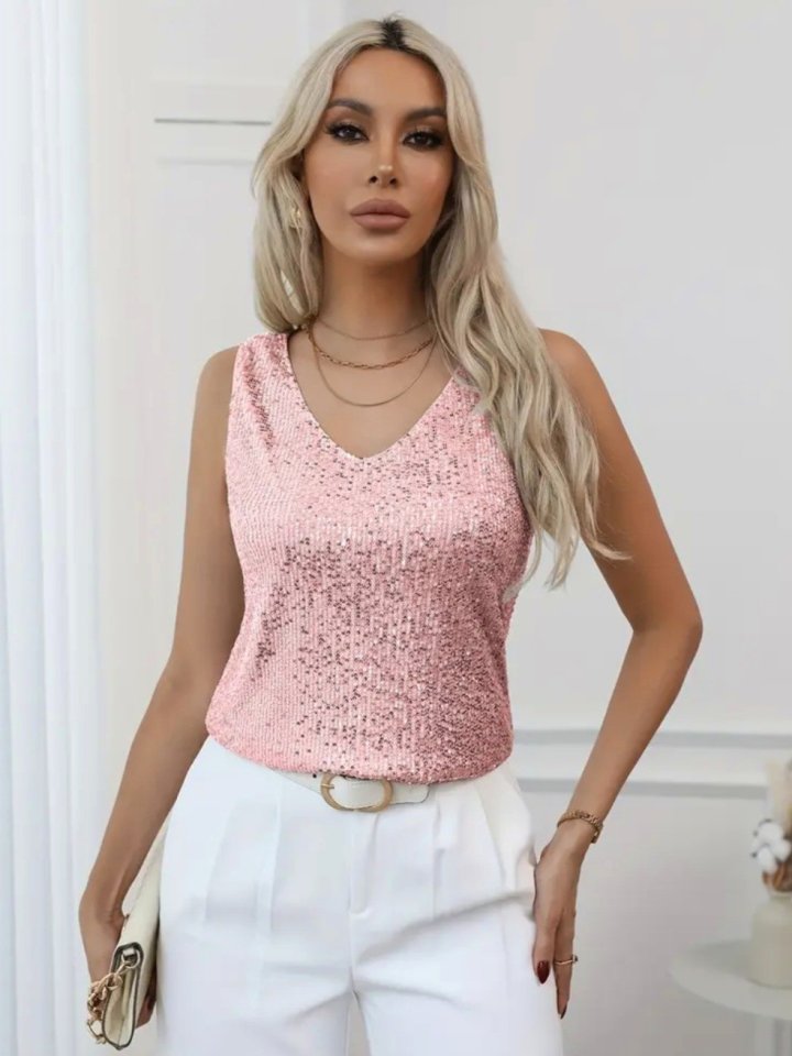 Pul Payetli Sıfır Kol Bluz -Somon